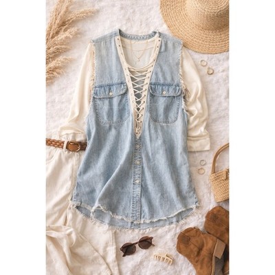 Furst of a Kind Lace Up Denim Chambray Repurposed Sleeveless Top/Tunic One Size