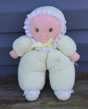 Vintage Baby Doll Plush Terry Cloth Pink Hair Blue Eyes Girl Lace Bonnet 12" HTF