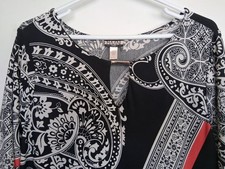 Size 1X (runs small) black white dress paisley floral print,  pink accents. EUC
