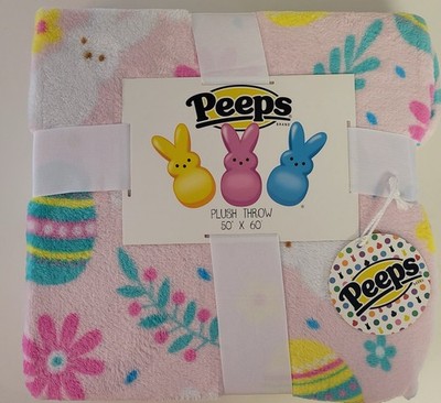 PEEPS Pink Easter Bunny Plush Throw Blanket 50'' X 60'' Flowers Eggs