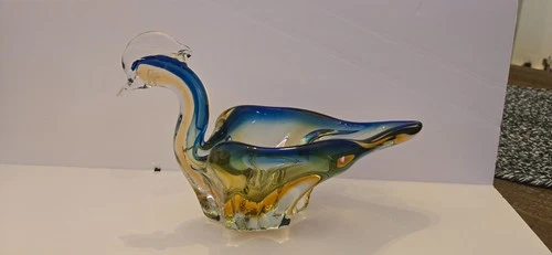Vintage Mid-Century Murano Style Sommerso Art Glass Bird Bowl – Blue & Amber Sub