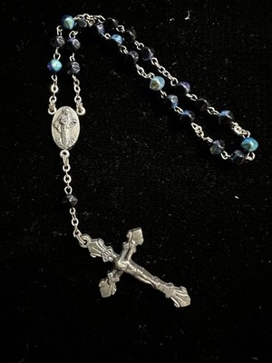 Metal and Glass Christian Rosary with Blue Beads Silver Tone Crucifix