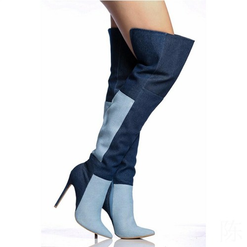 Women's Pointy Toe Over the Knee Boots Stiletto Patchwork Blue Yellow Boots Club - Picture 9 of 14