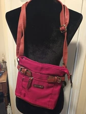 ROOTS  Red Nylon Zip Top Pocket Crossbody Bag 2 Small Ink Marks On Front 