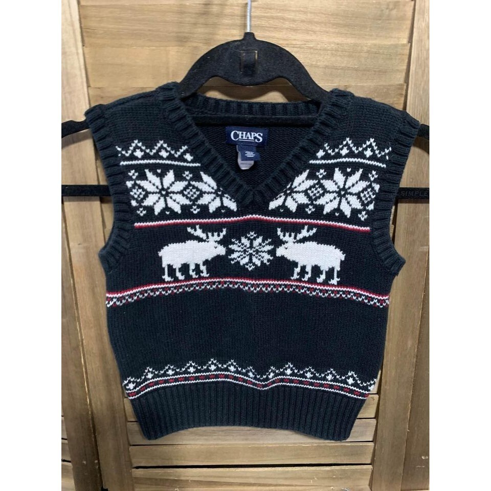 Chaps V-Neck Sweater Vest Boys Size Christmas Reindeer Preppy