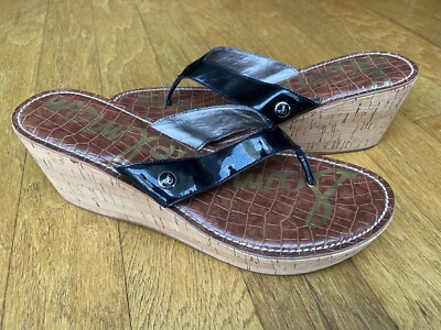 SAM EDELMAN Romy Cork Platform Wedge Heel Black Thong Sandals Flip Flop