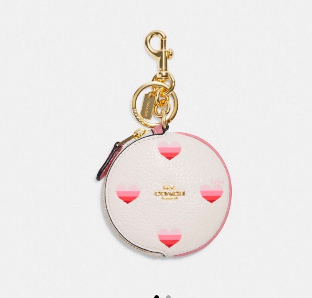 Coach Circular Coin Pouch Bag Charm Striped Hearts Print Chalk