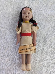 7" American Indian in traditional clothing Braided hair Beaded necklace