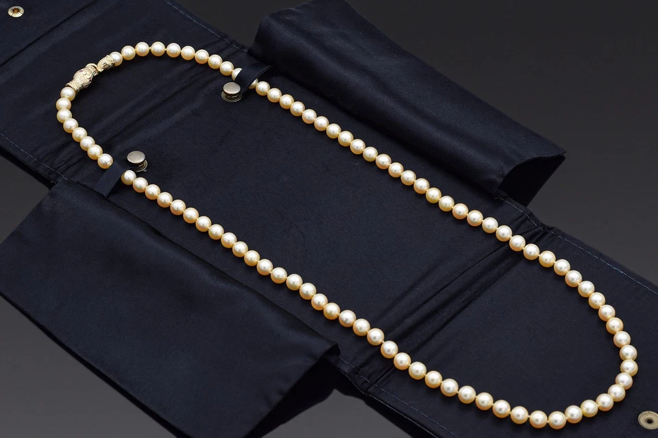 Vintage 8-8.5 mm Pearl & Ruby 14K Yellow Gold Snake Clasp Beaded Strand Necklace - Image 2 of 4