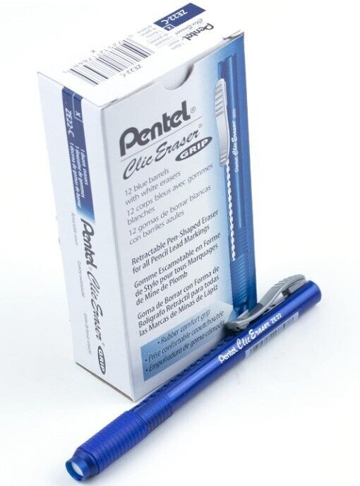 NEW Pentel Clic Eraser Grip 12-Pack Blue Barrels ZE22-C Retr