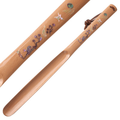 Mother of Pearl Inlay Art Bird Long Wood Handle Shoe Horn Spoon Lifter Shoehorn 
