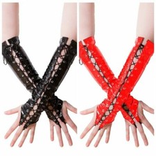 Faux Leather Gloves Wrist Long Wet Look Bandage Hollow Dance Party Cosplay Punk