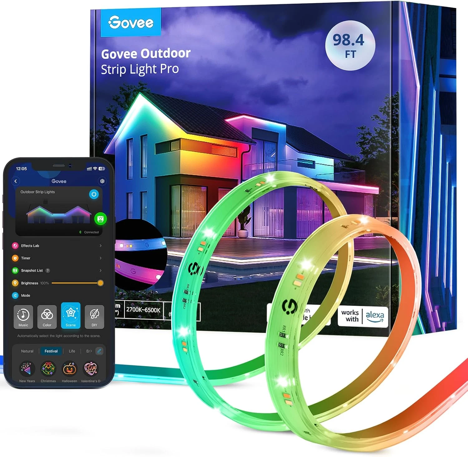Outdoor LED Strip Lights RGBIC with Warm and Cold White, 98.4Ft 2.4G Wifi Smart