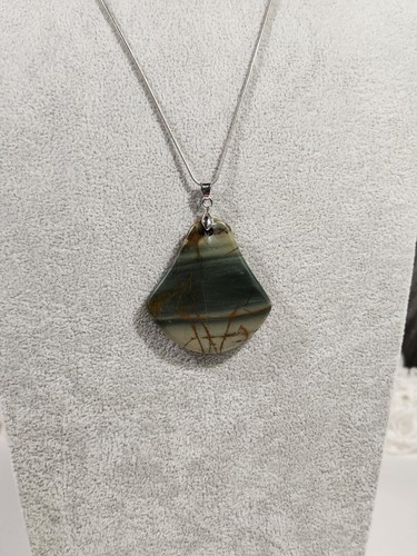 Natural Red Creek Jasper On 18K White Gold Plated Bail~Snake Chain Necklace - Picture 4 of 10