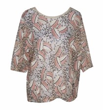 ZARA M Top Sequin Pink 3d Feathers Textured Sheer Short Sleeve Ivory Mesh Boxy