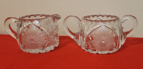 Vintage Brilliant Cut Lead Crystal Creamer & Sugar Bowl Etched Daisy Flower EUC