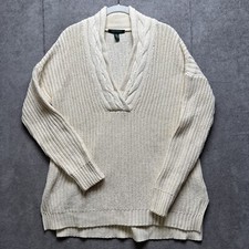 Ralph Lauren LRL Cable Knit Sweater Medium Cream Pullover Chunky V Neck Ovesized