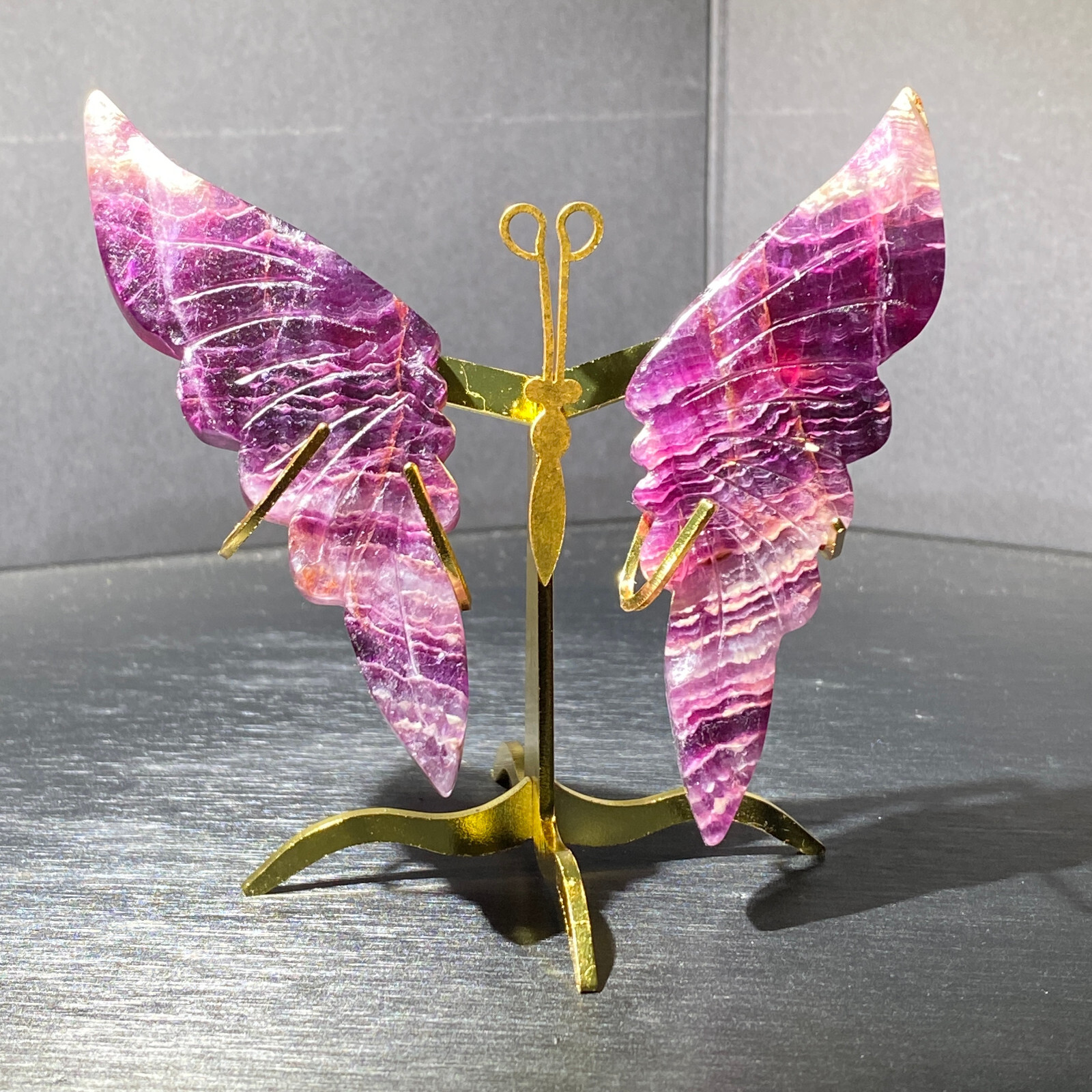 118G Natural Crystal Fluorite Butterfly Wing Healing Statue with Stand