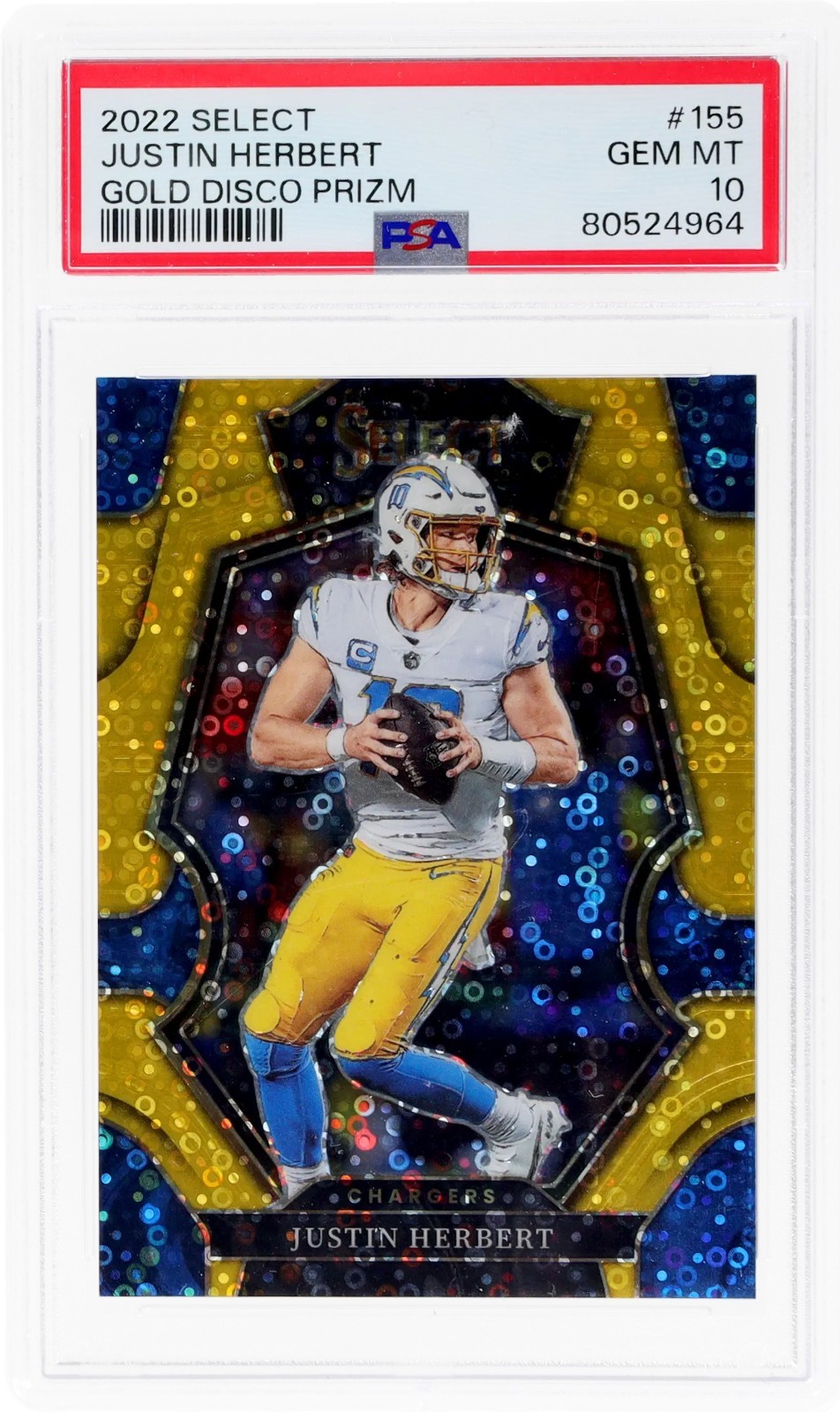 2022 Panini Select Premier Level Gold Disco Prizm #155 Justin Herbert /10 PSA 10