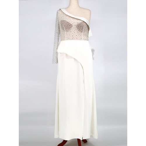 Mac Duggal Women White Beaded Mesh Bodice One-Shoulder Column Gown Size US 14 - Picture 4 of 7