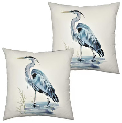 Beautiful 2 PC SET  Watercolor Blue Heron on White Pillow Covers 18''x18'' Decor