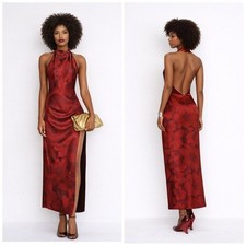 Reformation Emeline Silk Dress Carnelian Red Floral Halter Maxi Open Back Slit 4