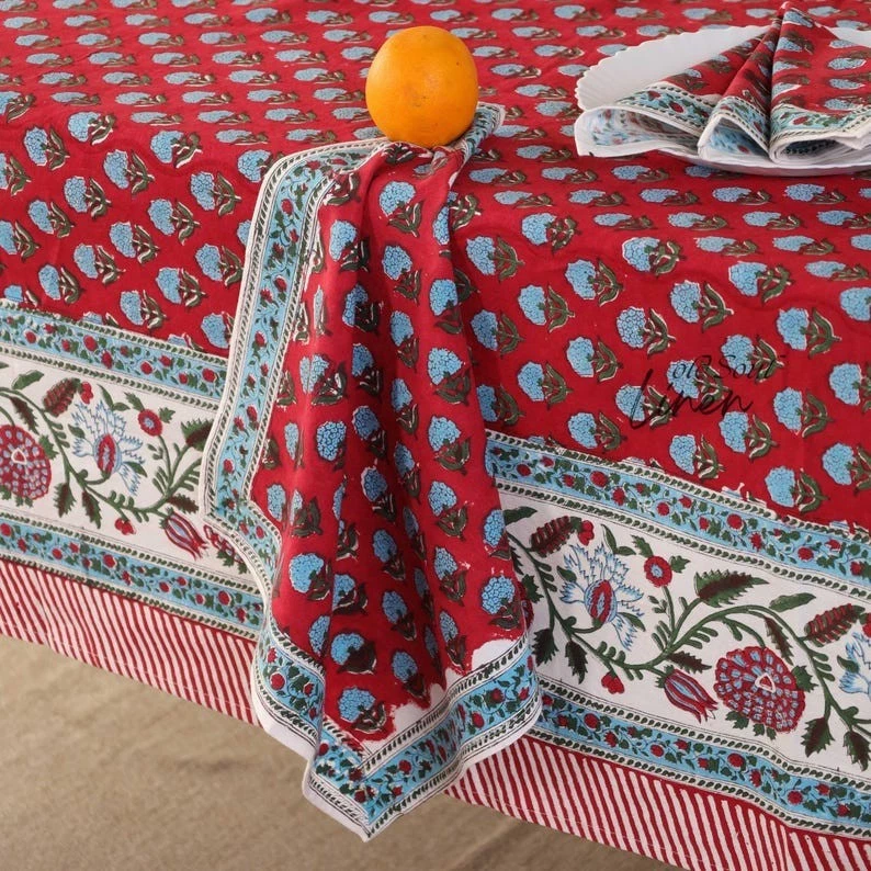 Vintage Hand Block Floral Printed Cotton Tablecloth for Dining Room & Kitchen - Image 4 of 4