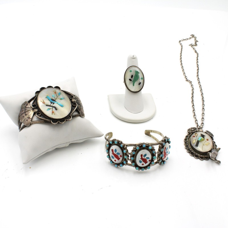Antonio Yazzie Navajo Sterling MOP Inlay Cuff Ring Necklace Lot of 4 #S4993-1