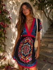 Bailey Blue Boho Mandala Mini Dress V Neck Multicolor Size Small