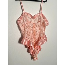 Vintage Victoria Secret Pink Lace Teddy Ruffle Satin Trim Lingerie S Coquette
