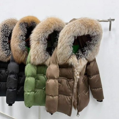 Winter Womens Oversized Fox Fur Collar Down Jacket Hood Long Casual Warm Jacket