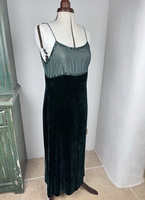 Vintage 90s Monsoon Twilight Bias Cut Green Velvet Beaded Maxi Dress Slip UK 14