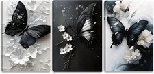 3 PCS 2D Butterfly Canvas Wall Art White Black 12x16in