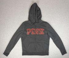 PINK Victoria's Secret Hoodie Womens Small Gray Full Zip Graphic Sweatshirt