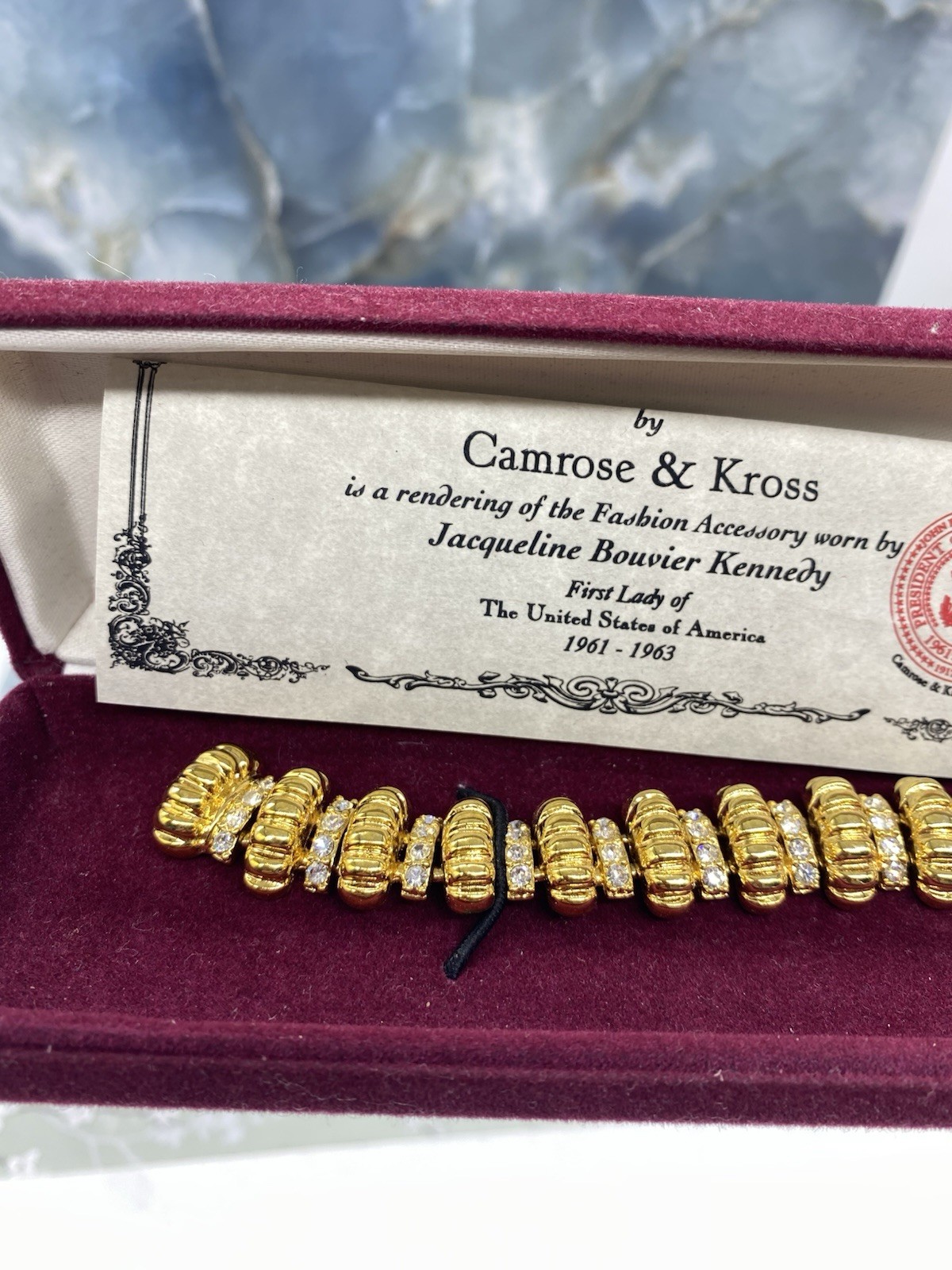 New Camrose & Kross JBK Jackie Kennedy Gold Toned Crystal Link Bracelet  In Box