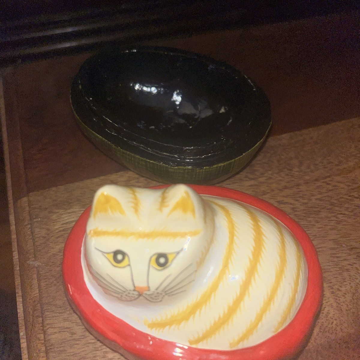 Museum Of Fine Arts Boston Paper Machete Cat Trinket Box green, red, striped cat View 4