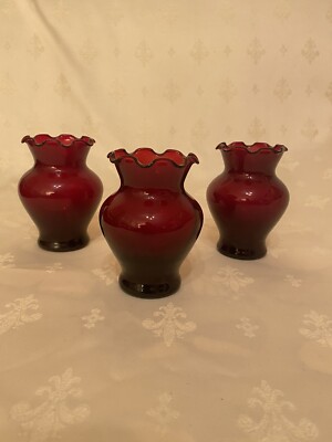 ANCHOR HOCKING ROYAL RUBY ROT AMERIKANISCHES GLAS GECRIMPTE KNOSPENVASE 1930ERer Set 3