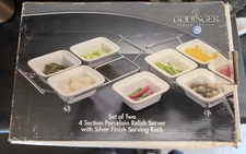 Godinger Ceramic Relish Servers;  2 Racks of 4 Dishes each, Metal Chrome Plated