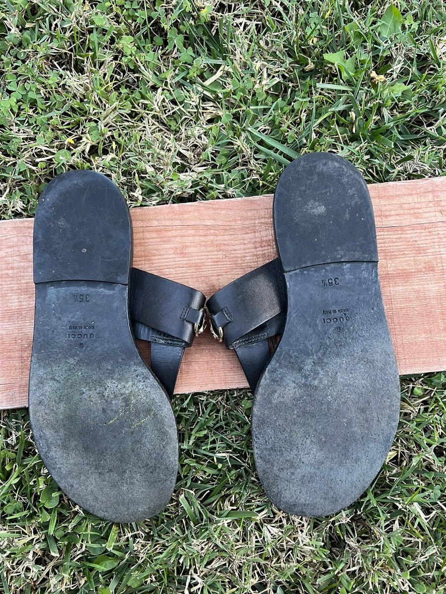 Gucci Marcy Horsebit 🖤Thong Sandals Black Leather Size 35.5