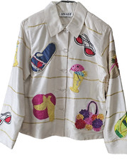 Anage Vintage Women's Silk Cream Colorful Fun Summer Theme Top/Jacket Size Small