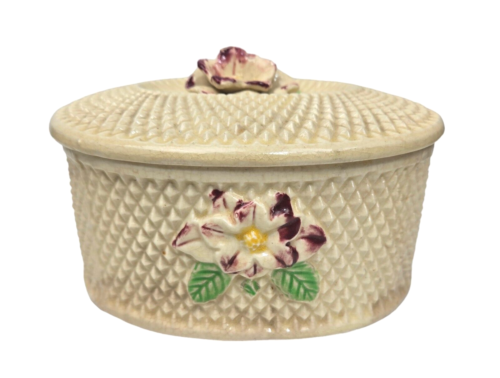 Vintage Ceramic Diamond Pattern Flower Trinket Keepsake Box 3D w/ Lid Japan 7' - Picture 1 of 13