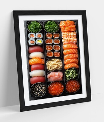 SCHÖNE JAPANISCHE SUSHI-ROLLEN - GERAHMTES WANDBILD POSTER PAPIERDRUCK