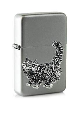 #ad A40 Standing Cat emblem on a flip top petrol lighter windproof silver boxed GBP 14.95