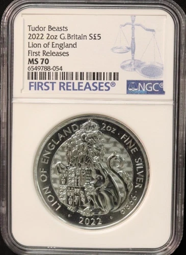 2022 U.K. 5 Pound 2 oz Silver Tudor Beast Lion of England NGC MS70