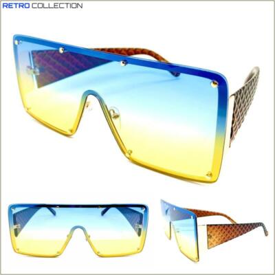 OVERSIZED Exaggerated Retro Shield SUNGLASSES Rose Gold Frame Blue & Yellow Lens