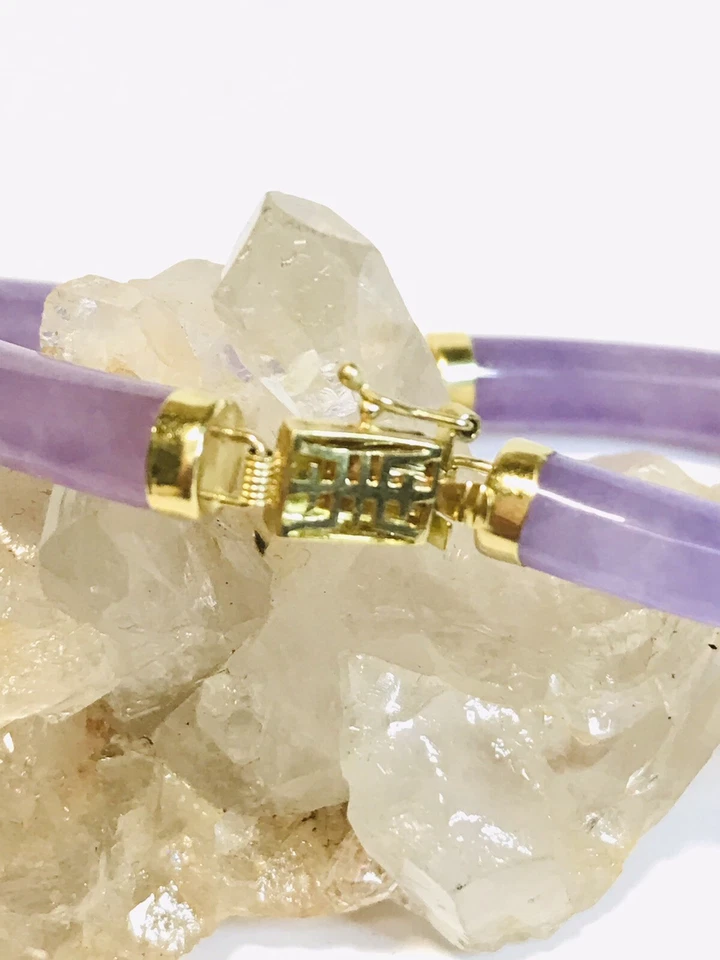 "Pulsera de jadeíta lavanda cilíndrica de oro amarillo macizo de 14K cierre de filigrana 7,1/16""" Foto 3 de 4