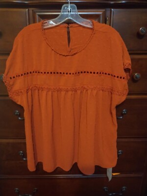 NEW Emery Rose Swiss Dot and Lace Dark Orange Pullover Blouse Top Size XL