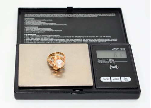 Natural Akoya Pearl & Diamond Ring 14K Solid Gold .04ct Gemstone Ring Vintage - Picture 10 of 12