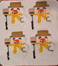 Beautiful Vintage Lot-4 Canvas Handmade Needlepoint Snowman/Coasters/ornaments