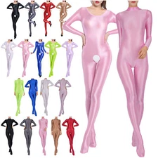 Women Oil Shiny Glossy Bodystocking Hollow Out Long Sleeve Full Bodysuit Catsuit